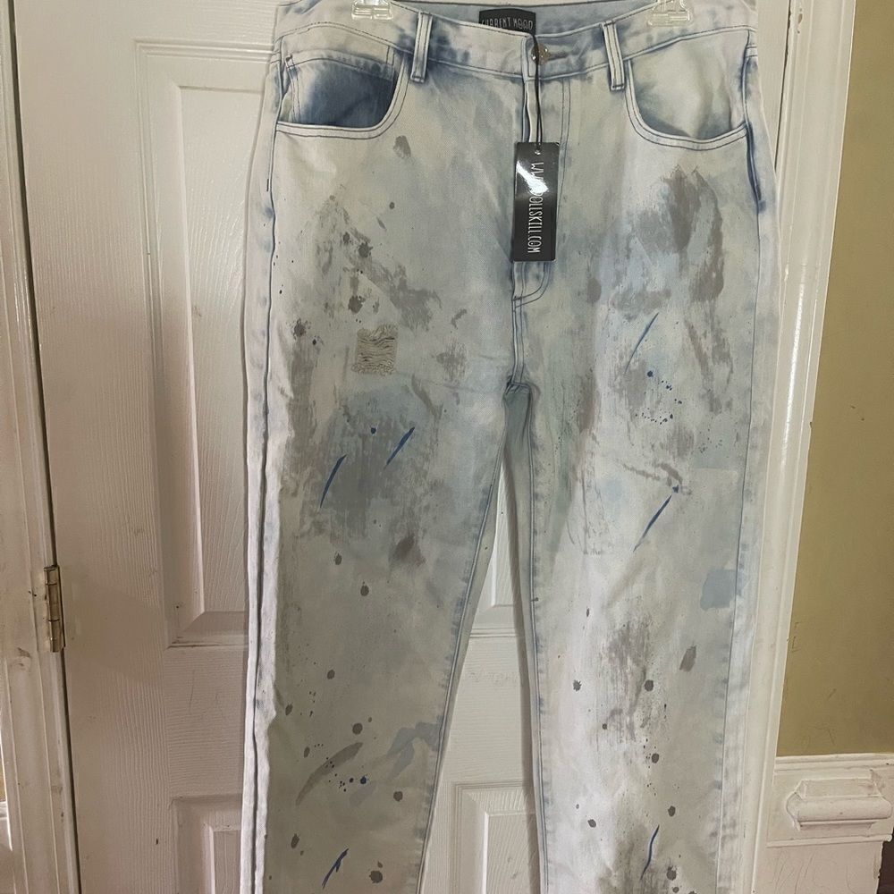 NWT Current Mood Paint the town Mom Jeans paint splatter faded denim SZ2…